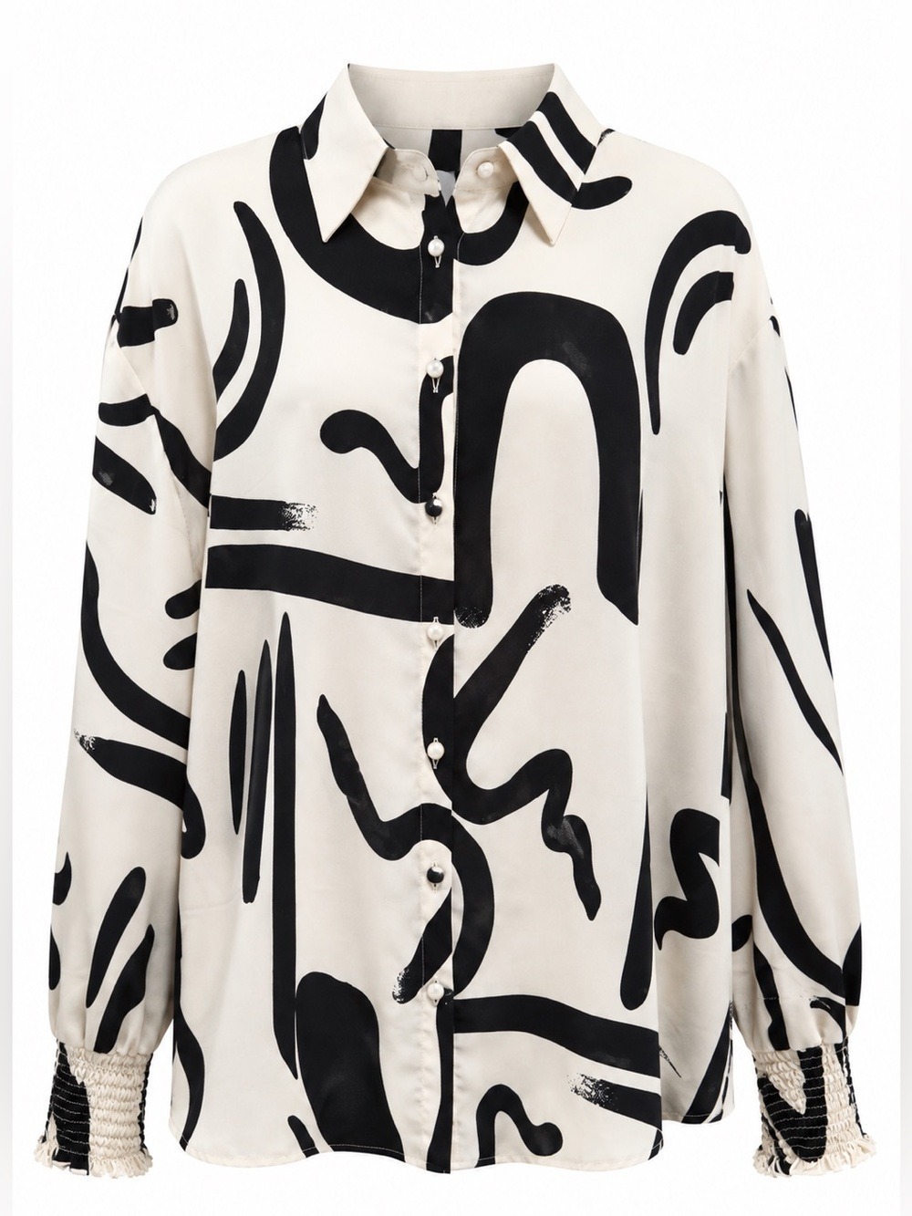 Black Ivory Abstract Print Button Down Blouse Size XL Long Sleeve Smocked Cuffs - Picture 2 of 11
